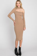 Mocha Knit Cutout Neckline Long Sleeve Maternity Midi Dress