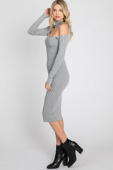 Grey Knit Cutout Neckline Long Sleeve Midi Dress