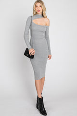 Grey Knit Cutout Neckline Long Sleeve Midi Dress