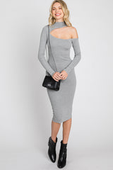 Grey Knit Cutout Neckline Long Sleeve Midi Dress