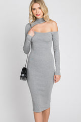 Grey Knit Cutout Neckline Long Sleeve Midi Dress