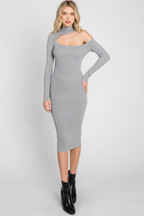 Grey Knit Cutout Neckline Long Sleeve Midi Dress