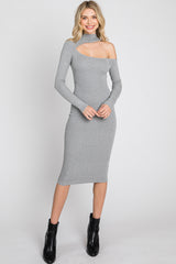 Grey Knit Cutout Neckline Long Sleeve Midi Dress