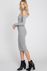 Grey Knit Cutout Neckline Long Sleeve Midi Dress