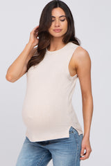 Beige Ribbed Knit Sleeveless Maternity Top