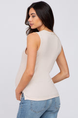 Beige Ribbed Knit Sleeveless Maternity Top