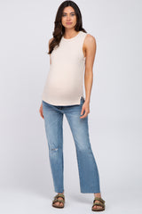 Beige Ribbed Knit Sleeveless Maternity Top