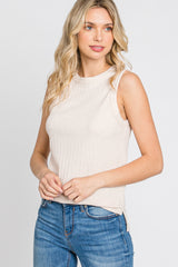 Beige Ribbed Knit Sleeveless Maternity Top