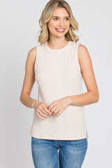 Beige Ribbed Knit Sleeveless Top