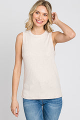 Beige Ribbed Knit Sleeveless Top