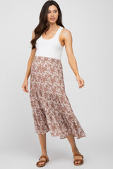 Mocha Floral Tiered Maternity Midi Skirt