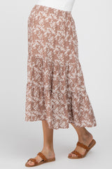 Mocha Floral Tiered Maternity Midi Skirt