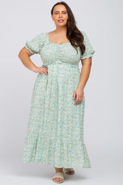 Mint Green Floral Sweetheart Neck Plus Midi Dress