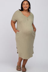 Olive Button Neck Round Hem Maternity Plus Dress