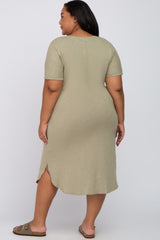 Olive Button Neck Round Hem Maternity Plus Dress