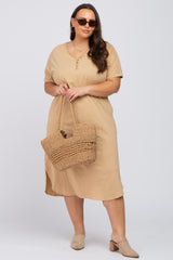 Camel Button Neck Round Hem Plus Dress