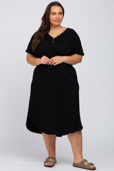 Black Button Neck Round Hem Plus Dress