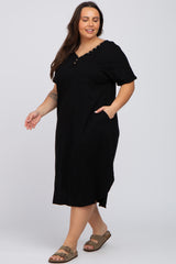 Black Button Neck Round Hem Plus Dress