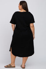 Black Button Neck Round Hem Plus Dress