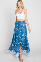 Blue Floral Button Front Maxi Skirt