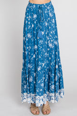 Blue Floral Button Front Maxi Skirt