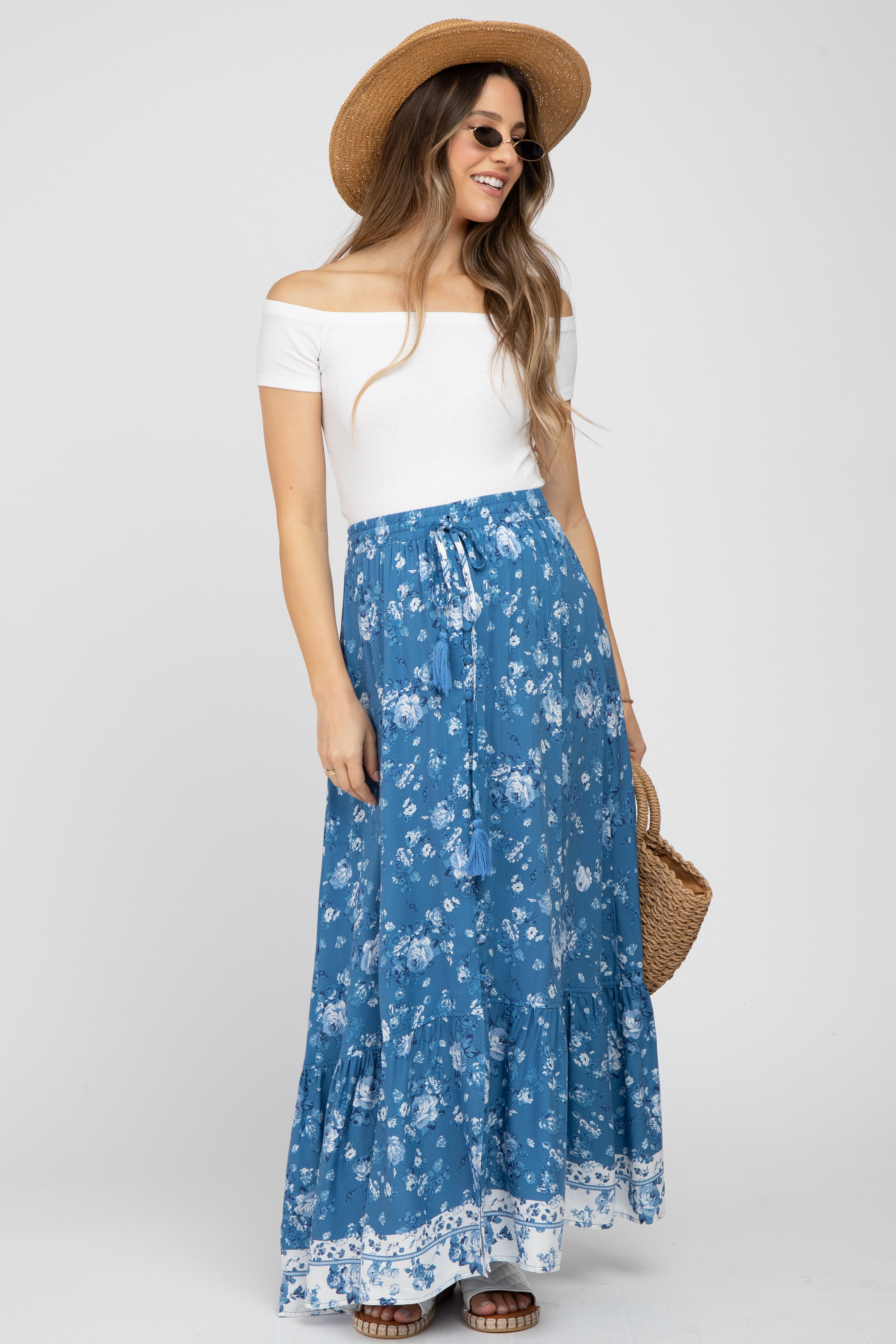 Blue Floral Button Front Maternity Maxi Skirt– PinkBlush