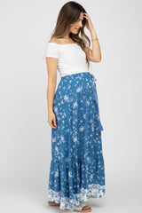 Blue Floral Button Front Maternity Maxi Skirt