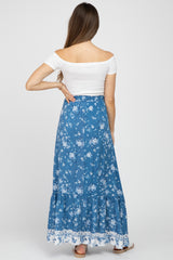 Blue Floral Button Front Maternity Maxi Skirt