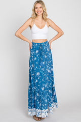 Blue Floral Button Front Maxi Skirt