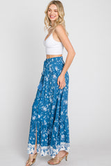 Blue Floral Button Front Maxi Skirt