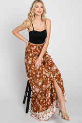 Camel Floral Button Front Maxi Skirt