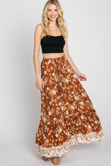 Camel Floral Button Front Maxi Skirt