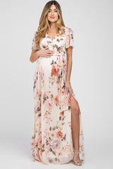 Cream Floral Chiffon Maternity Maxi Dress