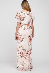 Cream Floral Chiffon Maternity Maxi Dress