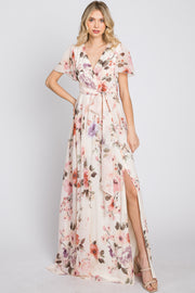 Cream Floral Chiffon Maxi Dress