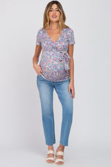 Blue Floral Wrap Maternity/Nursing Fitted Top