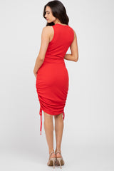 Red Ribbed Ruched Tie Maternity Fitted Dress