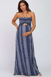 Navy Printed Keyhole Front Halter Neck Maternity Maxi Dress