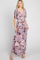 Lavender Floral Wrap Front Waist Tie Maxi Dress