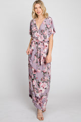 Lavender Floral Wrap Front Waist Tie Maxi Dress