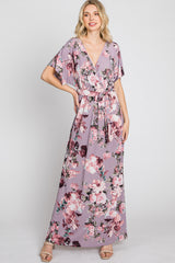 Lavender Floral Wrap Front Waist Tie Maxi Dress