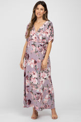 Lavender Floral Wrap Front Waist Tie Maternity Maxi Dress