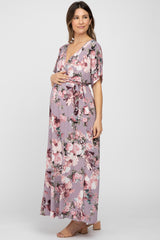 Lavender Floral Wrap Front Waist Tie Maternity Maxi Dress