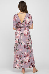 Lavender Floral Wrap Front Waist Tie Maternity Maxi Dress