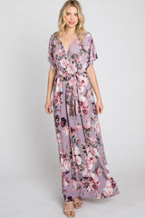 Lavender Floral Wrap Front Waist Tie Maxi Dress