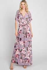 Lavender Floral Wrap Front Waist Tie Maxi Dress