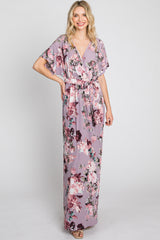 Lavender Floral Wrap Front Waist Tie Maxi Dress