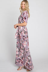 Lavender Floral Wrap Front Waist Tie Maxi Dress