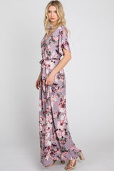 Lavender Floral Wrap Front Waist Tie Maxi Dress