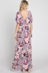 Lavender Floral Wrap Front Waist Tie Maxi Dress